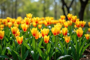 Fototapeta premium Vibrant Yellow and Orange Tulips in a Spring Garden