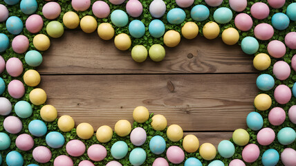 Pastel-colored Easter eggs arranged in decorative frame on rustic wooden background with green leaves – Spring holiday concept