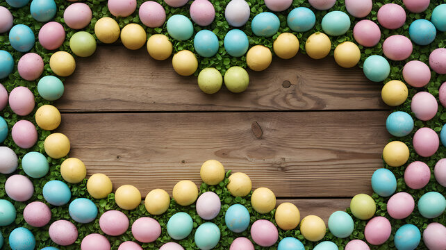 Pastel-colored Easter eggs arranged in decorative frame on rustic wooden background with green leaves &ndash; Spring holiday concept