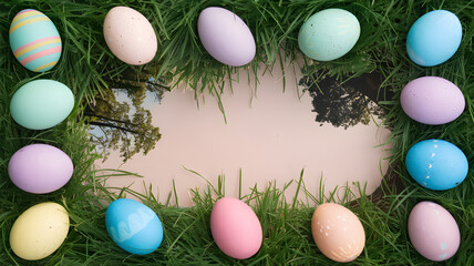 Colorful Easter eggs arranged in grass with water reflection and copy space – Spring holiday background