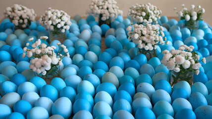 Blue Easter eggs with white flowers in glass vases – Elegant spring holiday decoration