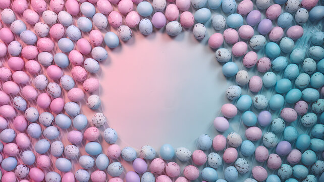 Pastel pink and blue Easter eggs arranged in circular frame with copy space &ndash; Spring holiday background