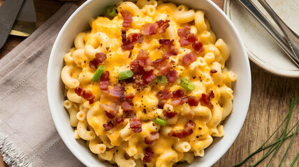 Creamy mac and cheese with crispy bacon and green onions in a white bowl – Classic comfort food on rustic wooden table