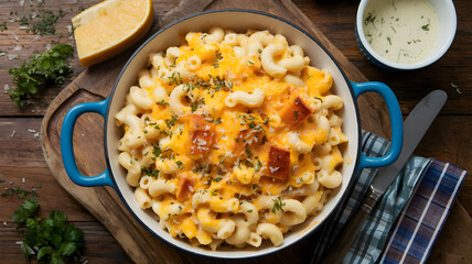 Homemade baked mac and cheese with crispy croutons and melted cheddar in blue cast iron pot – Comfort food on rustic wooden table