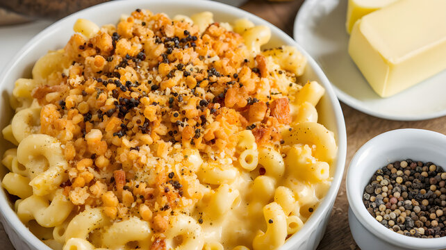 Creamy baked mac and cheese with crispy breadcrumb topping in white bowl &ndash; Classic comfort food with butter and peppercorns