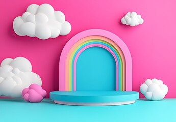 Colorful stage setup with clouds and rainbow arch for product display in studio