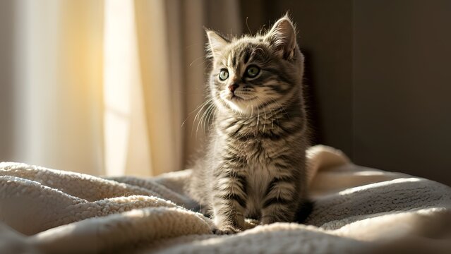 An adorable gray tabby kitten with soft fur sits on a blanket. The kitten gazes into the distance with bright green eyes, illuminated by warm sunlight.
