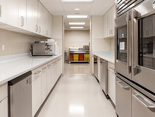 Fototapeta premium Contemporary kitchen design stainless steel appliances in a minimalist commercial space - wide angle perspective