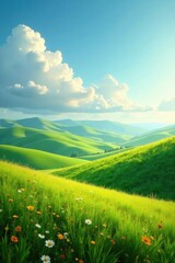 Fototapeta premium Serene Rolling Hills Landscape Featuring Vibrant Green Meadows and a Colorful Wildflower Display Under a Partly Cloudy Sky