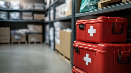 Red First Aid Kits on Warehouse Shelves