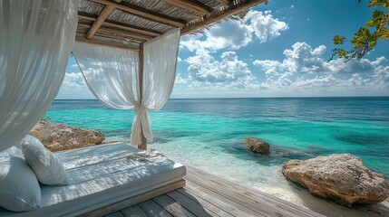 Luxurious beach cabana with flowing white curtains, overlooking turquoise water 