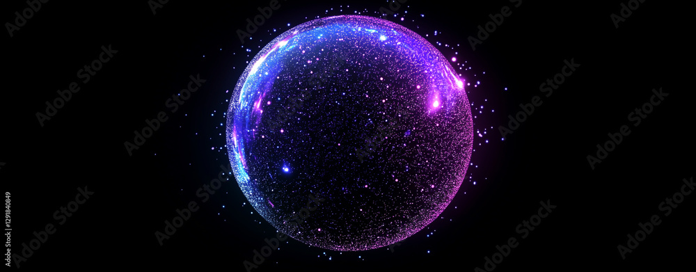 Poster abstract digital background with glowing particles and a glow effect on a dark space.
