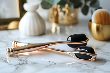 Elegant facial rollers on a marble countertop with decorative elements in the background