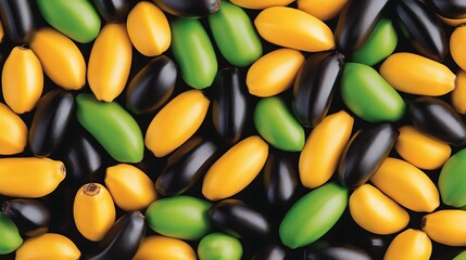 Colorful, vibrant, ovoid seeds arranged densely, displaying a natural pattern in close-up view