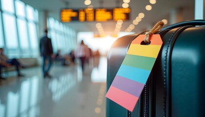 Black Suitcase with Rainbow Luggage Tag at Airport Terminal