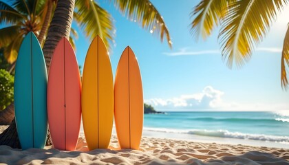 Vibrant Surfboards Standing in Sand Under Palm Trees