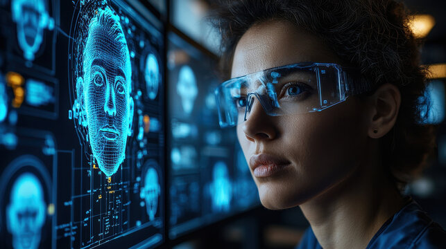 AI-powered lie detection software analyzes deepfake interview to reveal synthetic speech patterns in a futuristic control center