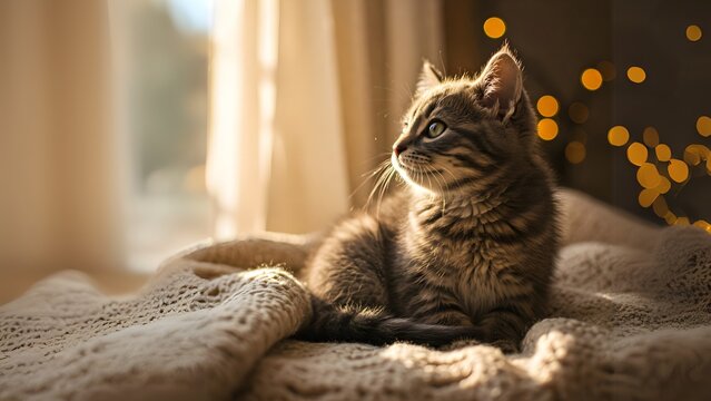 An adorable gray tabby kitten with soft fur sits on a blanket. The kitten gazes into the distance with bright green eyes, illuminated by warm sunlight.