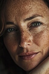 Obraz premium A close-up portrait of a middle-aged woman with noticeable dark spots and hyperpigmentation on her cheeks and forehead. 