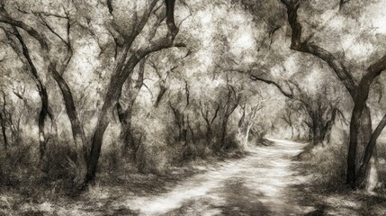 Obraz premium Monochromatic forest path winding through ancient trees