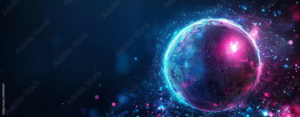Poster abstract digital background with glowing particles and a glow effect on a dark space.