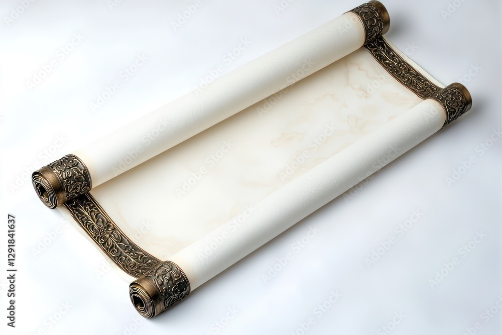 Poster white paper scroll with slim design and bronze border on a white backdrop.