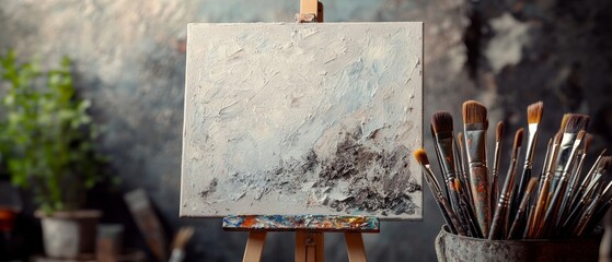 A rustic artist's studio with a textured canvas on an easel and brushes, evoking inspiration and the essence of painting creation.