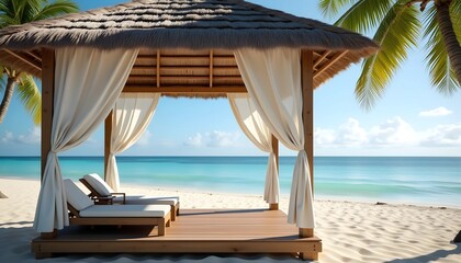 Obraz premium Tropical beach cabana with lounge chairs and ocean view