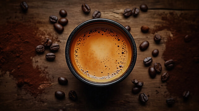 Top view of an black cup with coffee on a wooden table.Generated AI.