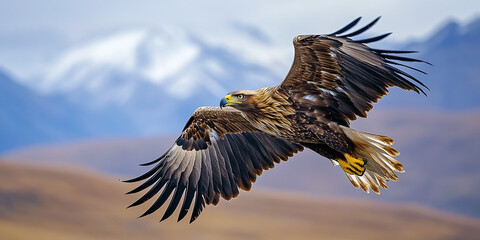 Obraz premium Majestic golden eagle soars through the vast sky with mountains. Graceful flight with wings spread wide. Symbol of freedom and power in nature.