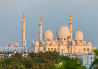 Abu Dhabi, UAE - April 22, 2023: Sheikh Zayed Grand Mosque at dusk.