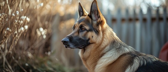 A vigilant German Shepherd stands at a garden entrance, surrounded by soft, sunlit foliage, conveying a sense of protectiveness and loyalty.