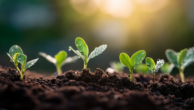 Generated imagA detailed shot of tiny green seedlings emerging from the rich, dark soil in early spring. The close-up focuses on the new growth, with droplets of water on the leaves
