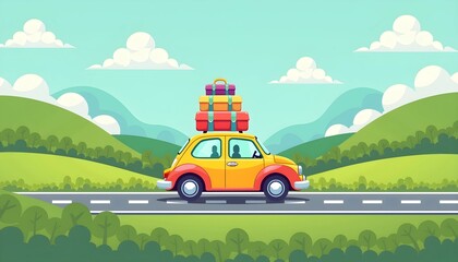 Colorful car with luggage on road trip through green hills