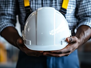 Safety First: A close-up shot of hands presenting a pristine white hard hat, symbolizing worker protection, responsibility, and secure working environments. 