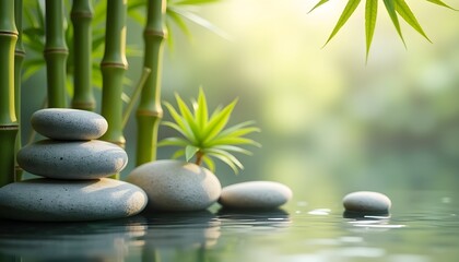 Obraz premium Serene spa setting with smooth stones, bamboo, and water feature