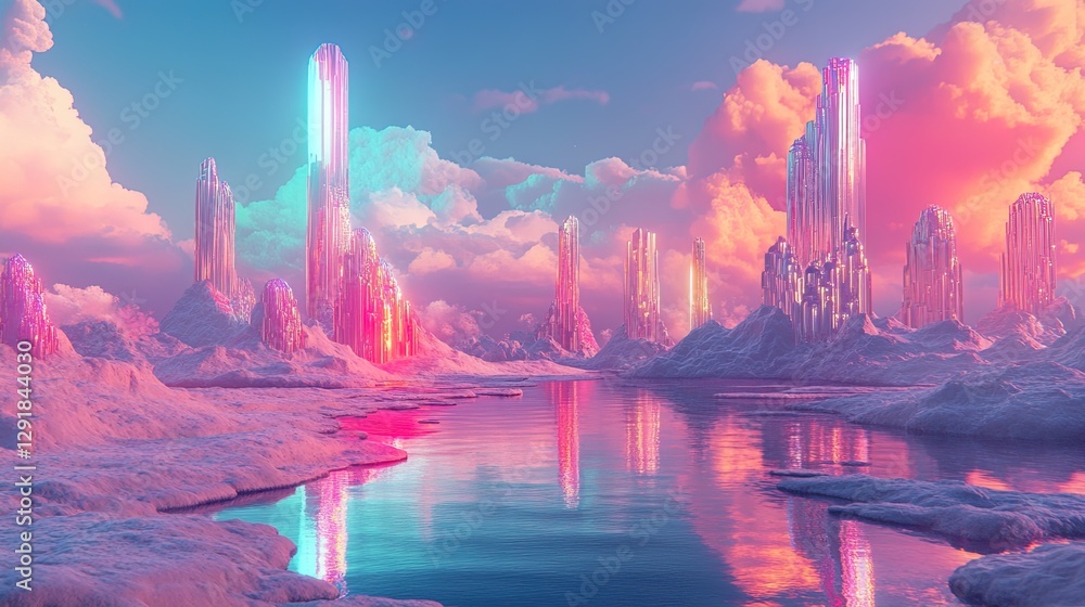 Poster brightly colored retrofuturistic landscape with floating islands and chrome structures