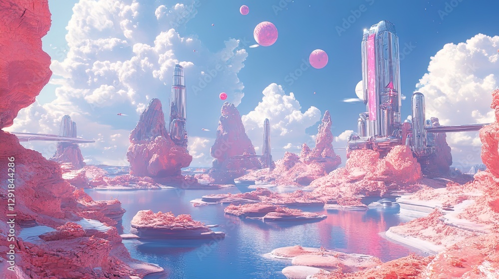 Poster brightly colored retrofuturistic landscape with floating islands and chrome structures