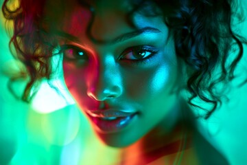 Attractive smiling mixed-race girl - for ads, banner and web marketing use. Short hairdo - curly hair. Commercial ad campaign design idea idea. Portrait colored woman. Model beauty style.