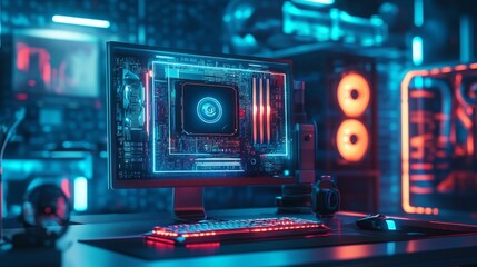 Obraz premium Futuristic computer setup showcasing advanced technology home office environment digital art nighttime glow close-up viewpoint high-tech aesthetics