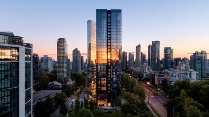 urban real estate, glass skyscrapers in a high-rise cityscape reflect sunlight, creating a sleek and professional atmosphere with premium real estate