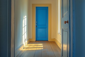 Fototapeta premium Bright Blue Door at the End of a Hallway in a Well-Lit Home Interior