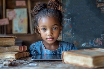 "A child uses a tablet to study surrounded by books and learning tools. The child is engaged in a virtual classroom, and the teacher is visible on the screen explaining the lesson.