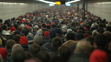 Crowded subway tunnel, rush hour, people walking, public transportation