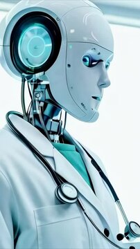 Futuristic humanoid android doctor in modern high-tech hospital environment new beautiful stock video footage animation AI