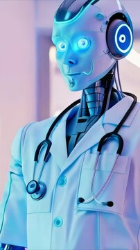 Futuristic humanoid android doctor in modern high-tech hospital environment new beautiful stock video footage animation AI