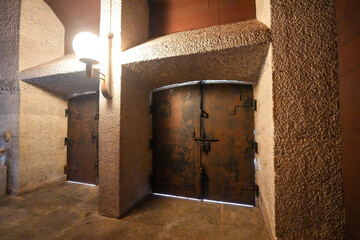 Entrance of the basilica of the Sanctuary of Arantzazu, a Franciscan sanctuary located in the near Oñati in the Spanish Basque Country