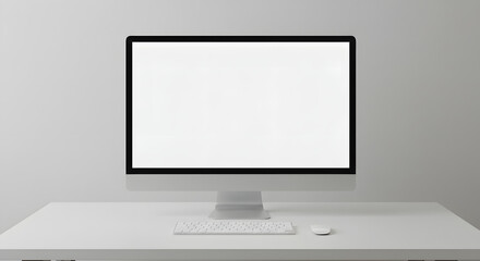 Single blank white computer screen white desk soft diffused light clean workspace setup