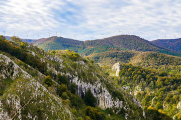 Forest-covered mountains of the Massif Aloña surrounding the Sanctuary of Arantzazu, a Franciscan...