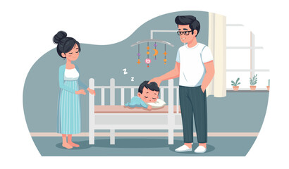happy family with newborn baby is sleeping in crib next to father and mother